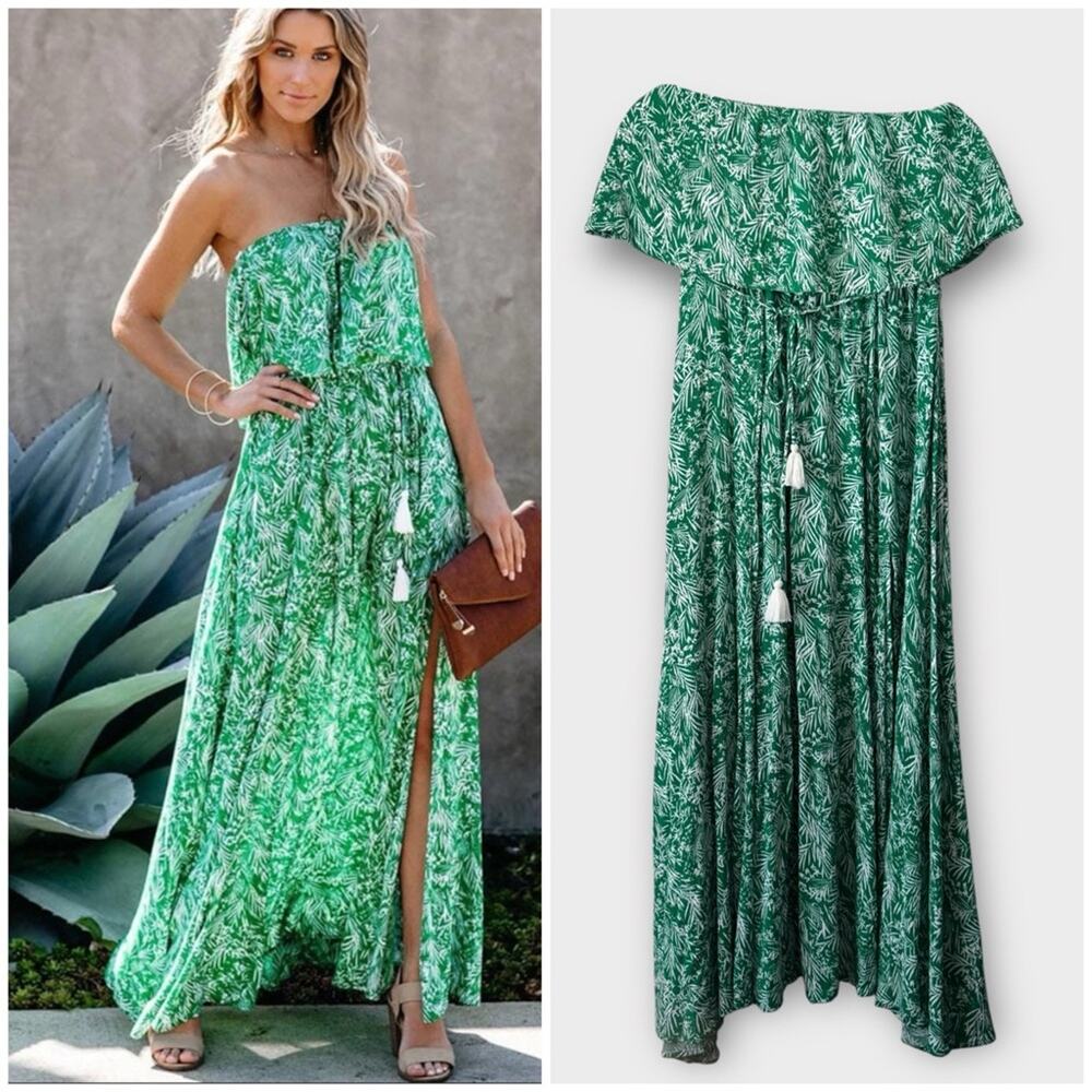 Aakaa green leaf sleeveless layered boho summer maxi dress, size small